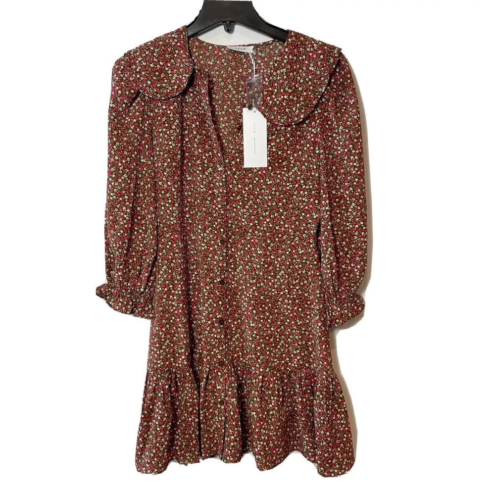 NWT Lush 3/4 Sleeve Floral Mini Dress Womens S Brown Button Ruffle Cottagecore